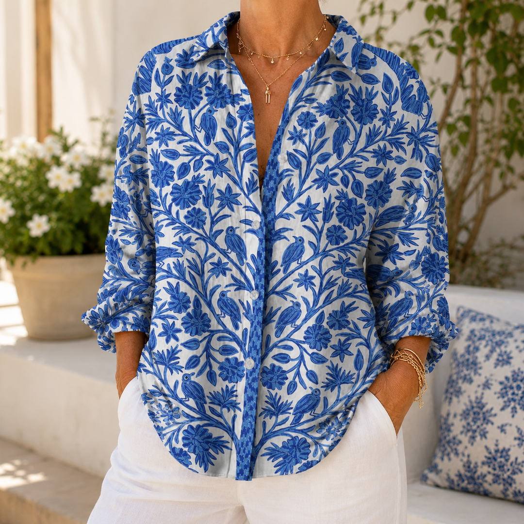 Cathrin | Blaue Bluse mit Blumenmuster