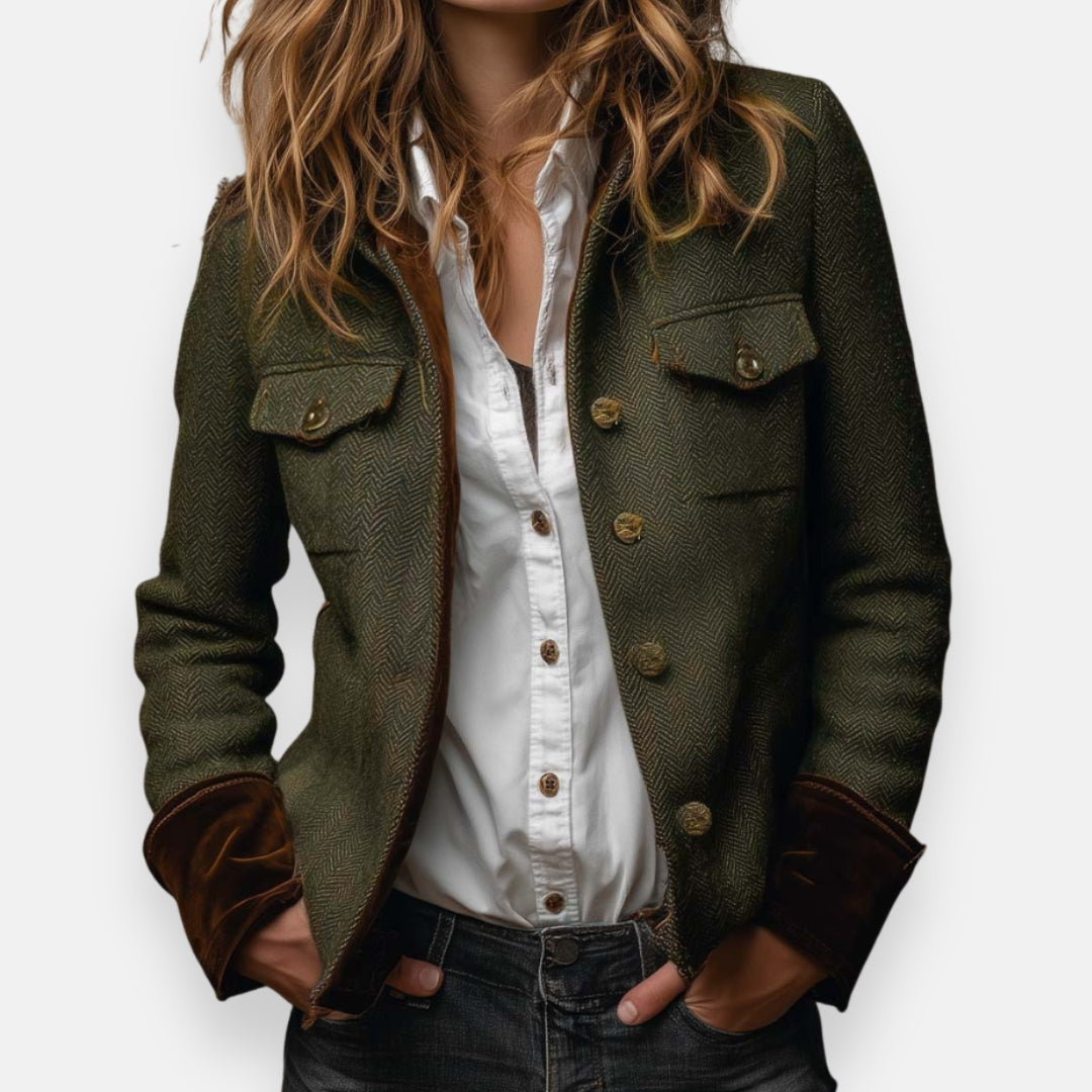 Elisabeth I Elegante Tweedjacke mit luxuriösen Samtdetails