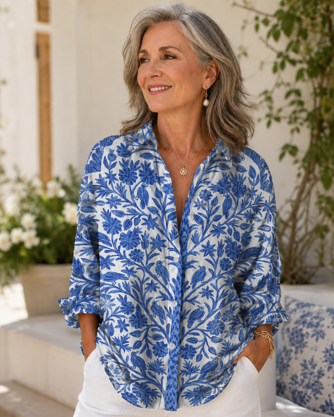 Cathrin | Blaue Bluse mit Blumenmuster