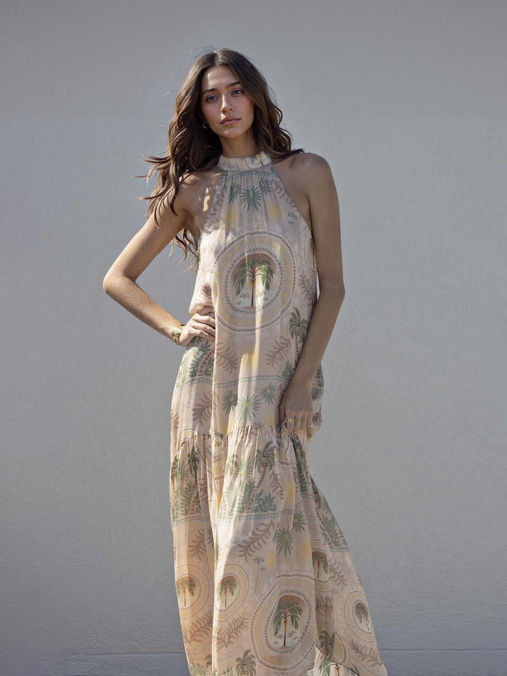 Gabriella™ | Satiniertes Maxikleid mit Palmenmuster