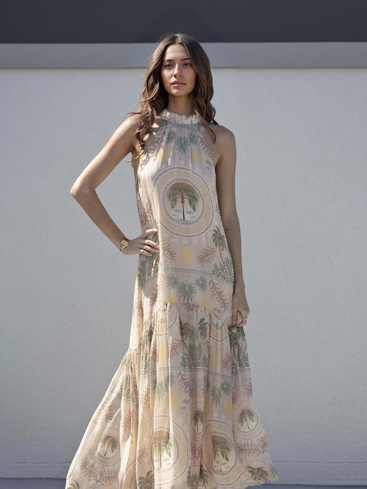 Gabriella™ | Satiniertes Maxikleid mit Palmenmuster