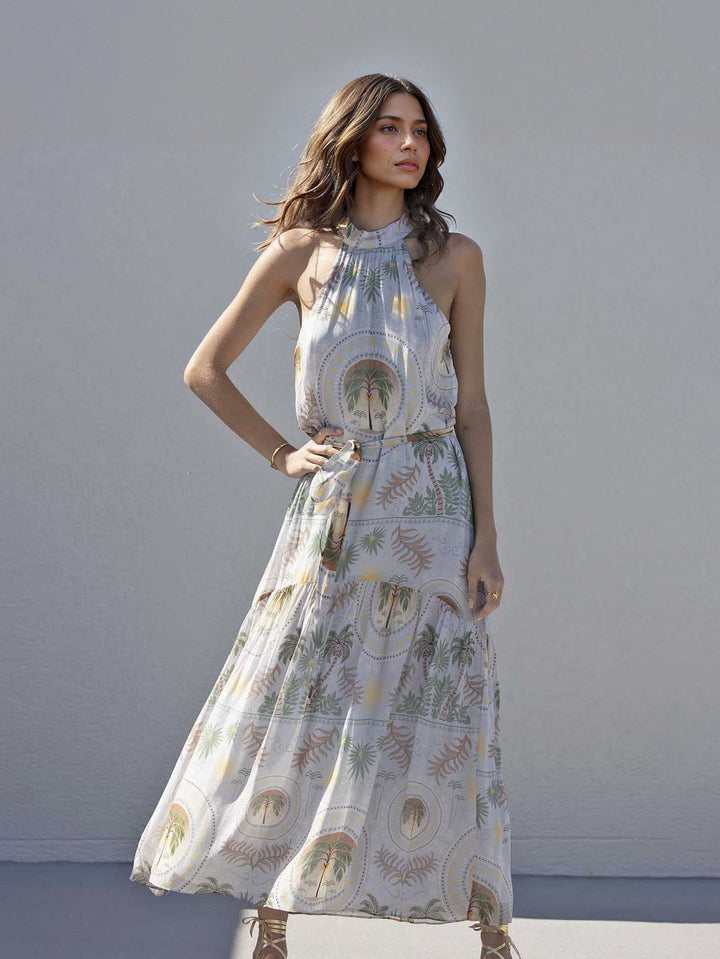 Gabriella™ | Satiniertes Maxikleid mit Palmenmuster