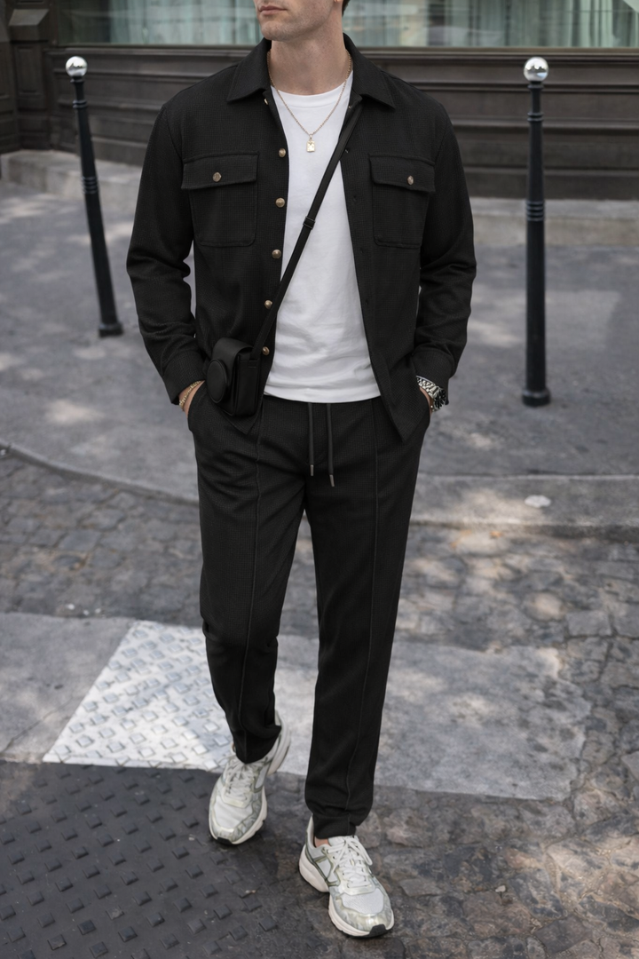 Ludwig I Herren-Set: Waffel-Jacke mit Knopfleiste &amp; Hose
