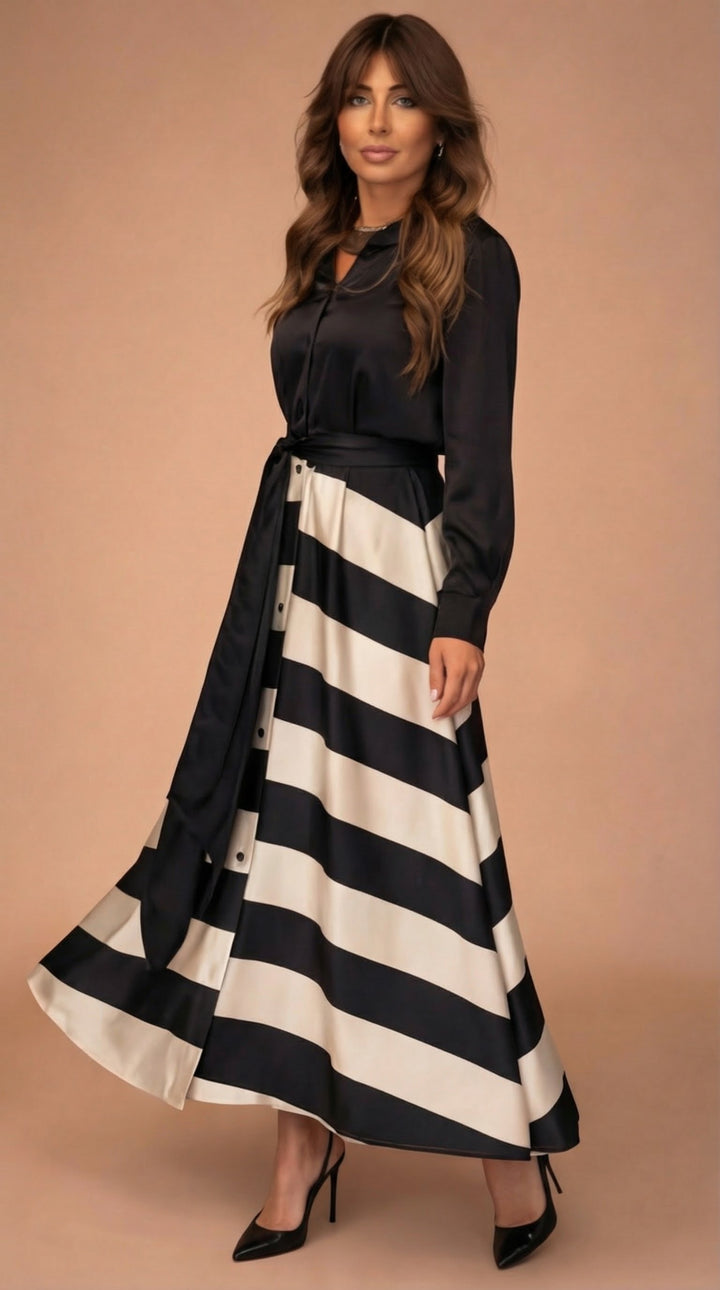 Kira™ | Langes gestreiftes Kleid mit Spitze