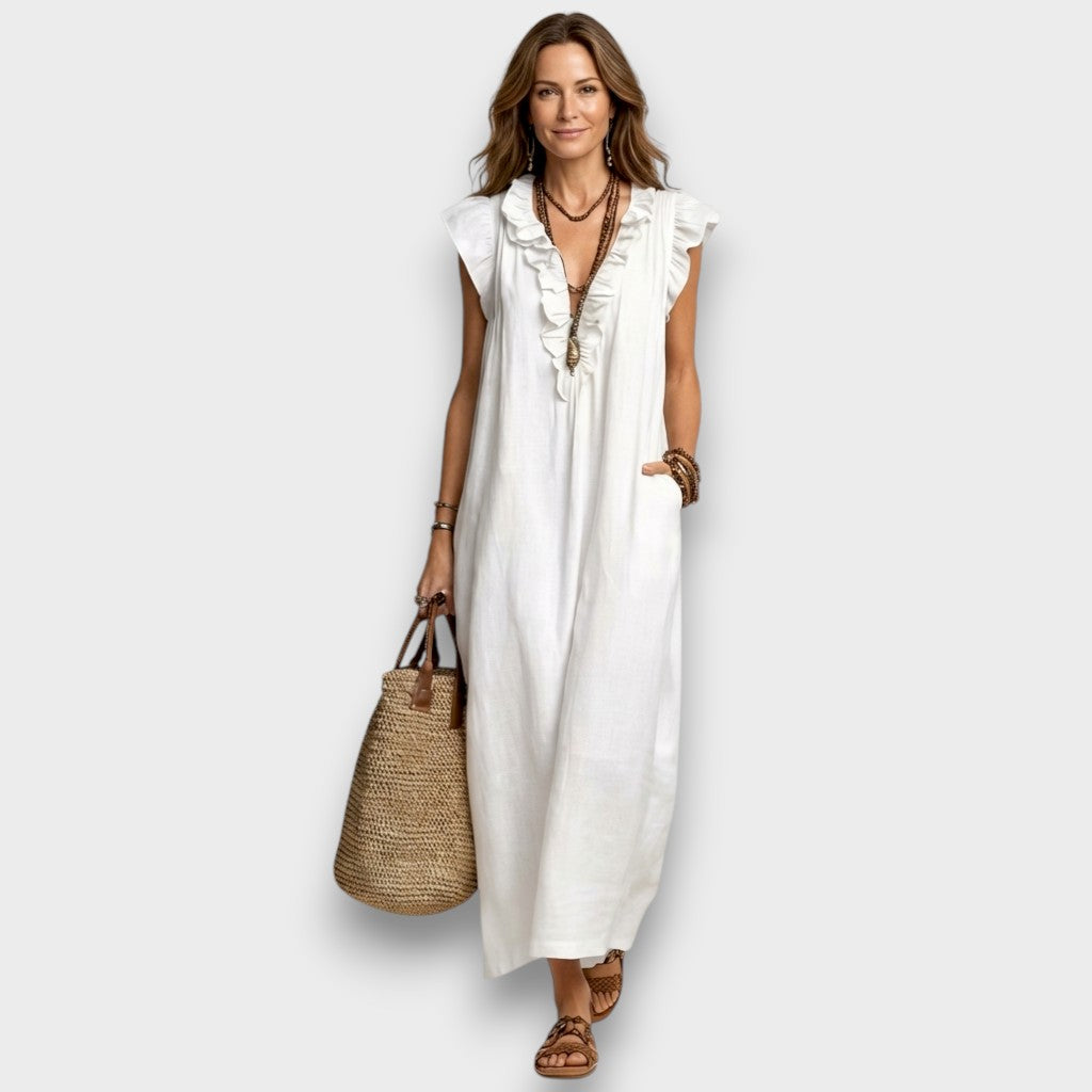 Angelika | Maxi-Leinenkleid mit Volants und V-Ausschnitt