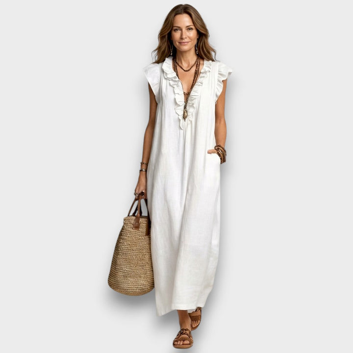 Angelika | Maxi-Leinenkleid mit Volants und V-Ausschnitt