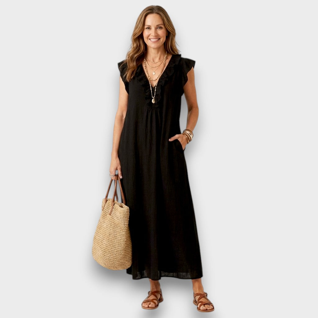 Angelika | Maxi-Leinenkleid mit Volants und V-Ausschnitt