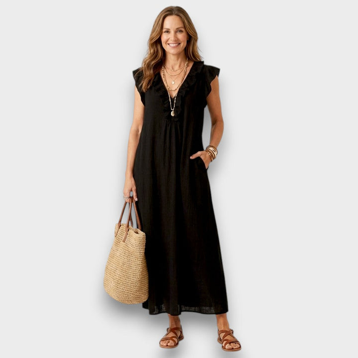 Angelika | Maxi-Leinenkleid mit Volants und V-Ausschnitt