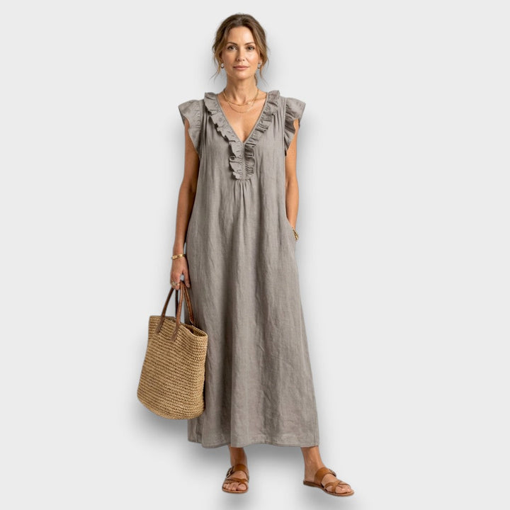 Angelika | Maxi-Leinenkleid mit Volants und V-Ausschnitt