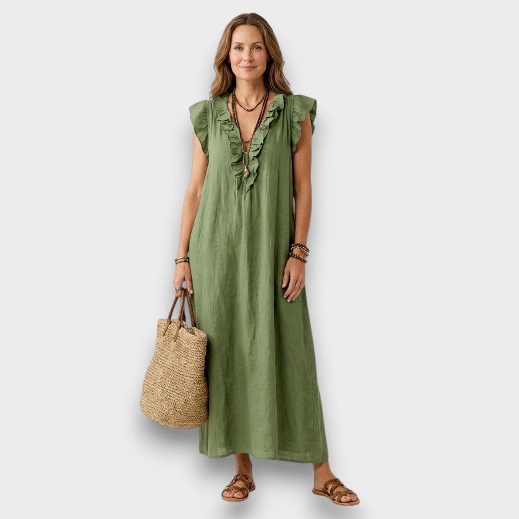 Angelika | Maxi-Leinenkleid mit Volants und V-Ausschnitt