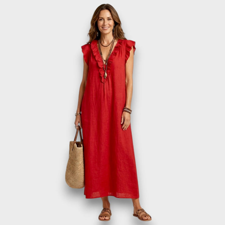 Angelika | Maxi-Leinenkleid mit Volants und V-Ausschnitt