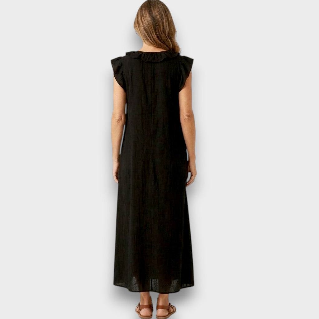 Angelika | Maxi-Leinenkleid mit Volants und V-Ausschnitt
