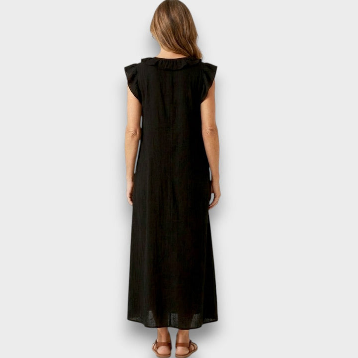 Angelika | Maxi-Leinenkleid mit Volants und V-Ausschnitt