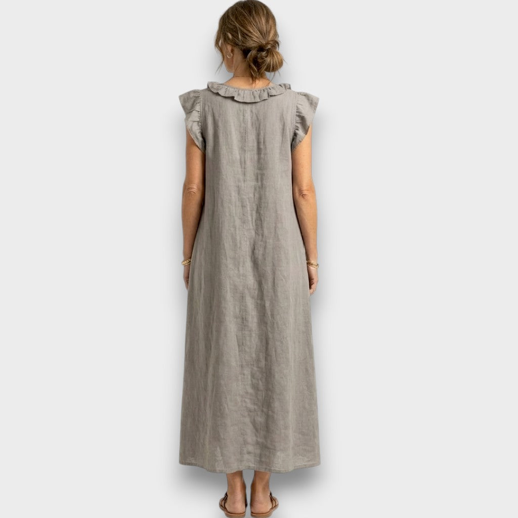 Angelika | Maxi-Leinenkleid mit Volants und V-Ausschnitt