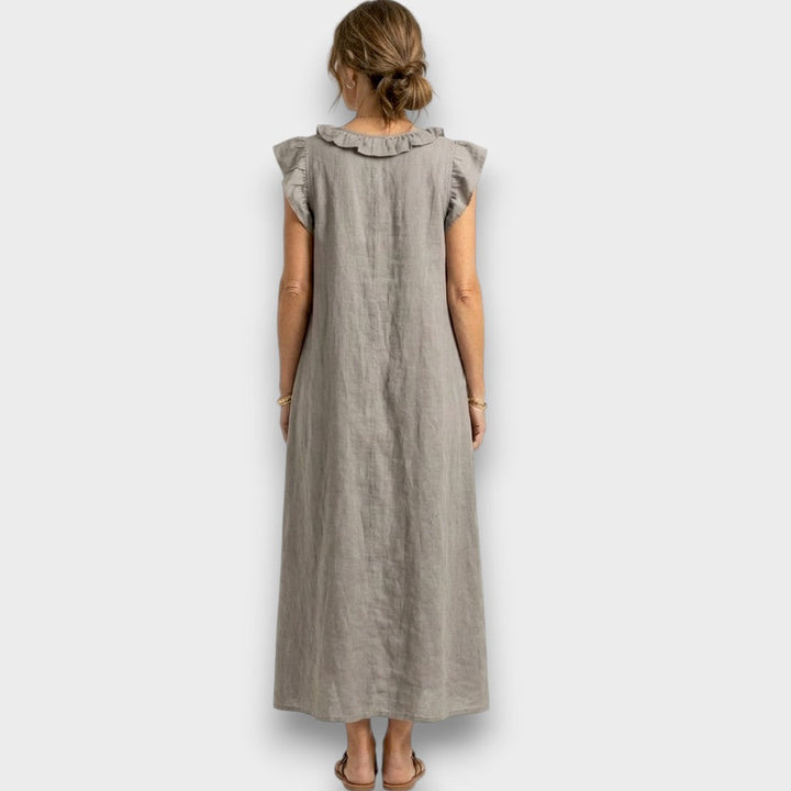 Angelika | Maxi-Leinenkleid mit Volants und V-Ausschnitt