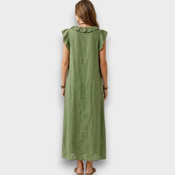 Angelika | Maxi-Leinenkleid mit Volants und V-Ausschnitt