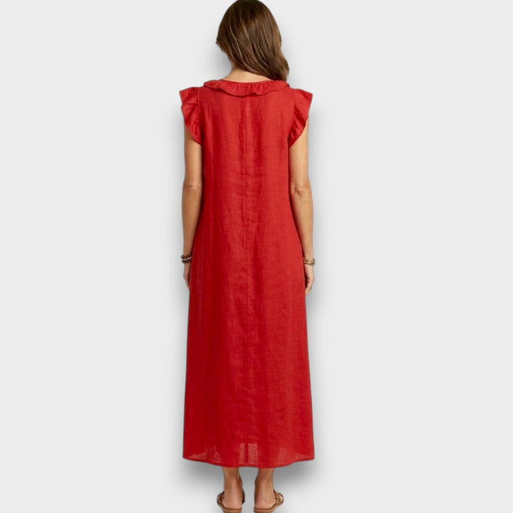 Angelika | Maxi-Leinenkleid mit Volants und V-Ausschnitt