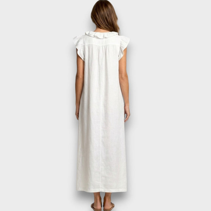 Angelika | Maxi-Leinenkleid mit Volants und V-Ausschnitt