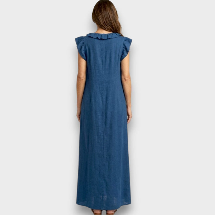 Angelika | Maxi-Leinenkleid mit Volants und V-Ausschnitt
