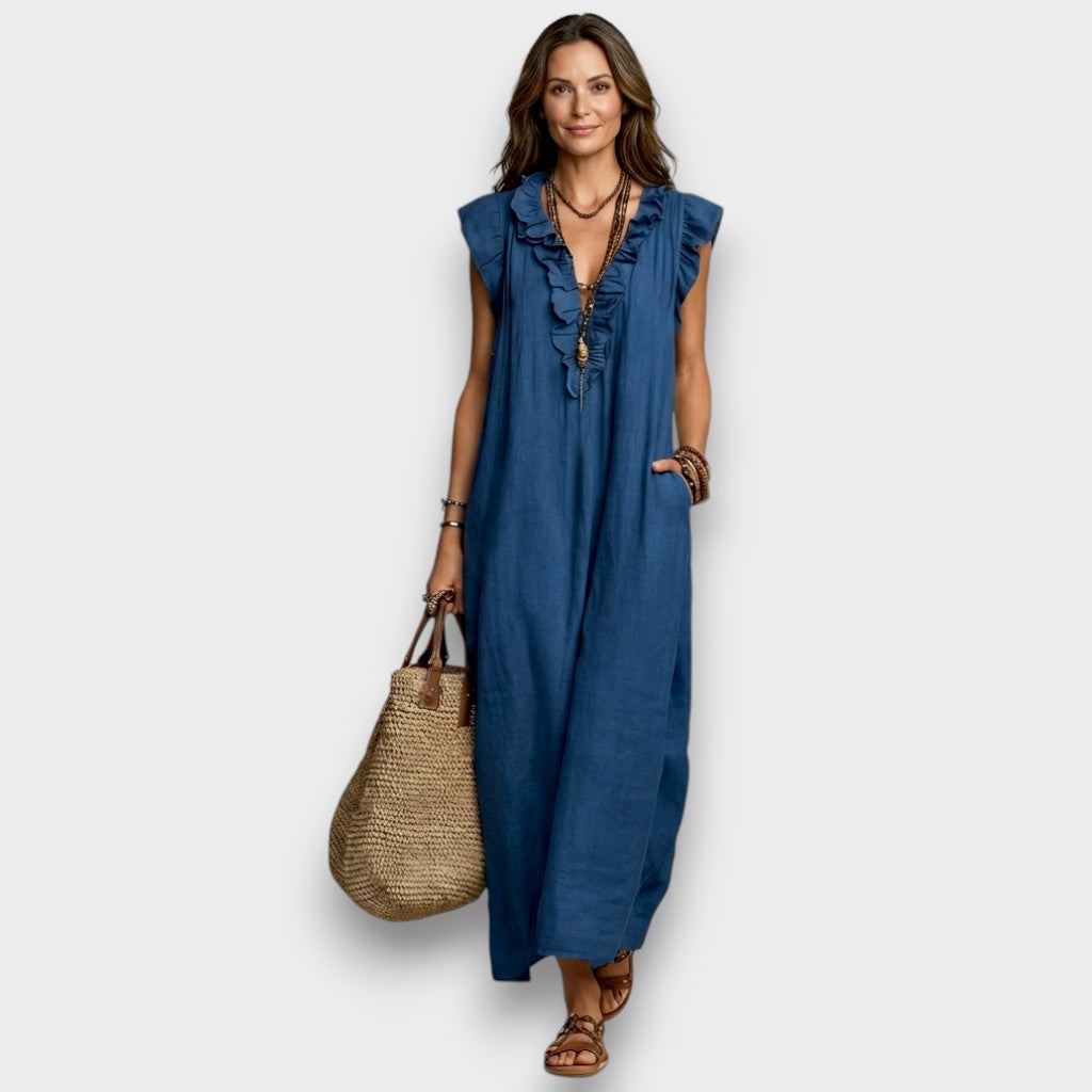 Angelika | Maxi-Leinenkleid mit Volants und V-Ausschnitt