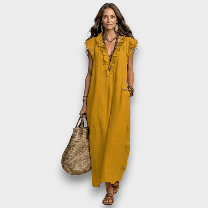 Angelika | Maxi-Leinenkleid mit Volants und V-Ausschnitt