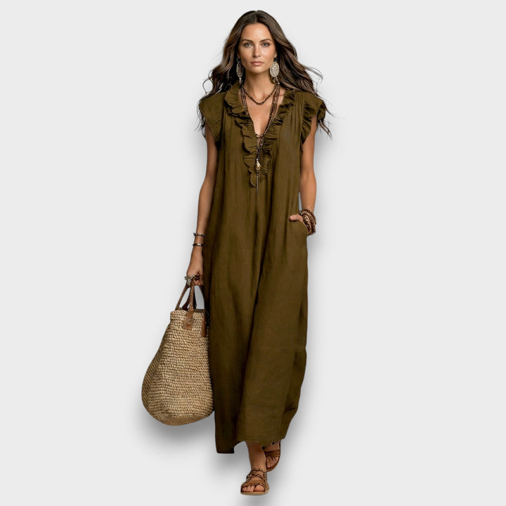 Angelika | Maxi-Leinenkleid mit Volants und V-Ausschnitt