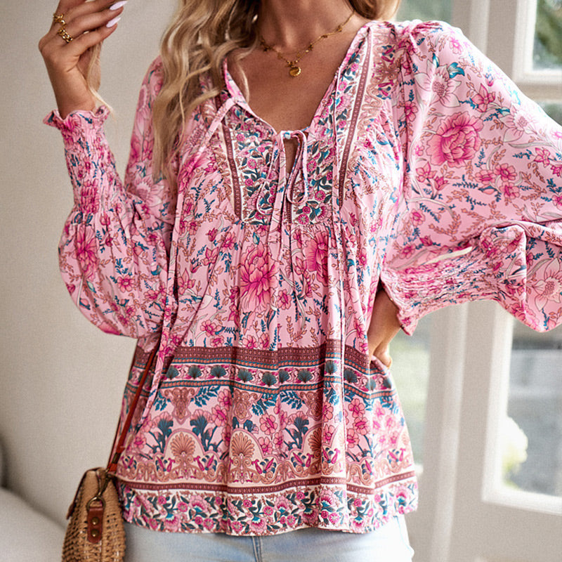 Katia | Modisches Bedrucktes Langarm Shirt Mit V-Ausschnitt