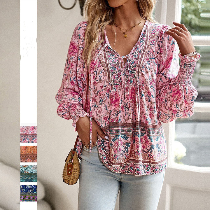 Katia | Modisches Bedrucktes Langarm Shirt Mit V-Ausschnitt