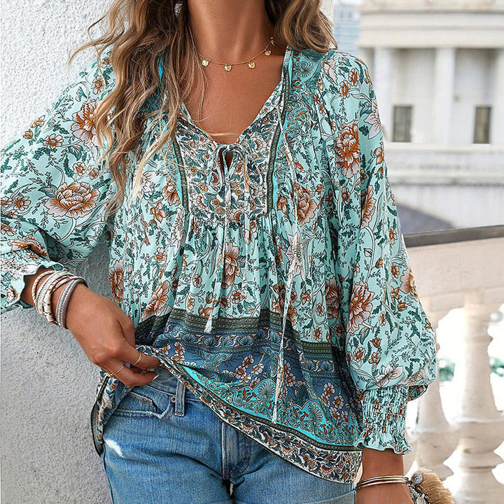 Katia | Modisches Bedrucktes Langarm Shirt Mit V-Ausschnitt