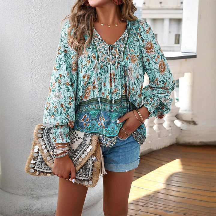 Katia | Modisches Bedrucktes Langarm Shirt Mit V-Ausschnitt