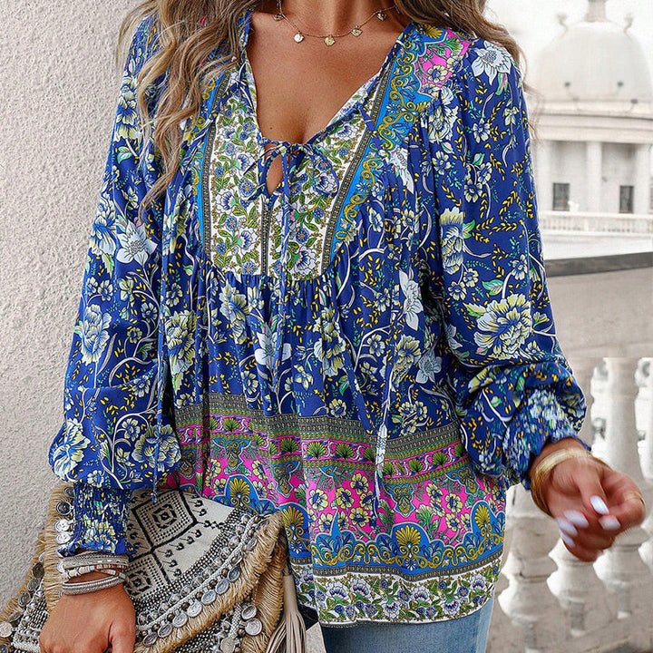 Katia | Modisches Bedrucktes Langarm Shirt Mit V-Ausschnitt