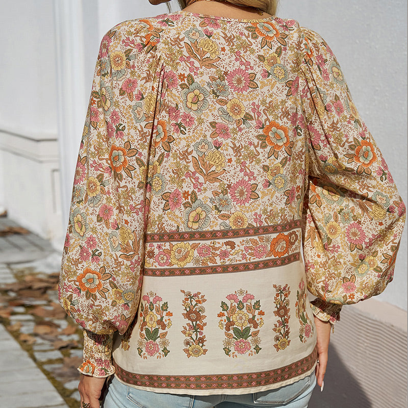 Katia | Modisches Bedrucktes Langarm Shirt Mit V-Ausschnitt