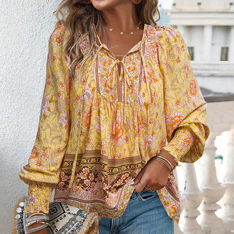 Katia | Modisches Bedrucktes Langarm Shirt Mit V-Ausschnitt
