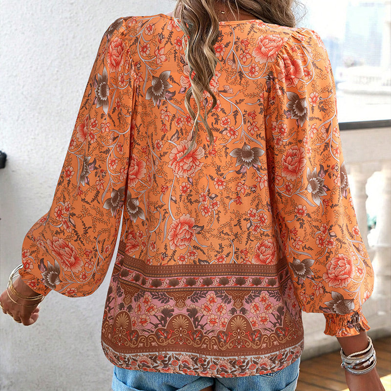 Katia | Modisches Bedrucktes Langarm Shirt Mit V-Ausschnitt