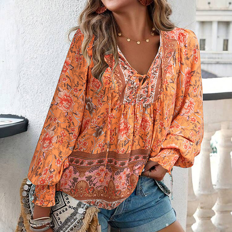 Katia | Modisches Bedrucktes Langarm Shirt Mit V-Ausschnitt