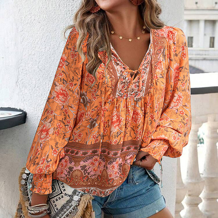 Katia | Modisches Bedrucktes Langarm Shirt Mit V-Ausschnitt