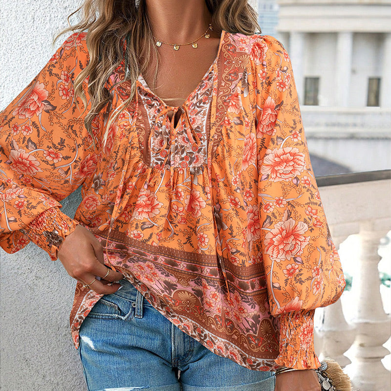 Katia | Modisches Bedrucktes Langarm Shirt Mit V-Ausschnitt