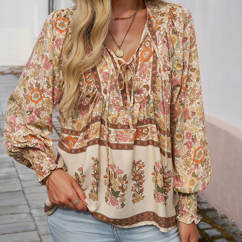 Katia | Modisches Bedrucktes Langarm Shirt Mit V-Ausschnitt
