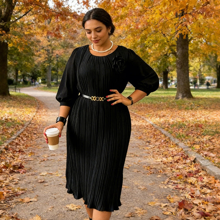Leila | Plissee Midikleid Mit 3/4-Ärmeln Und Gürtel