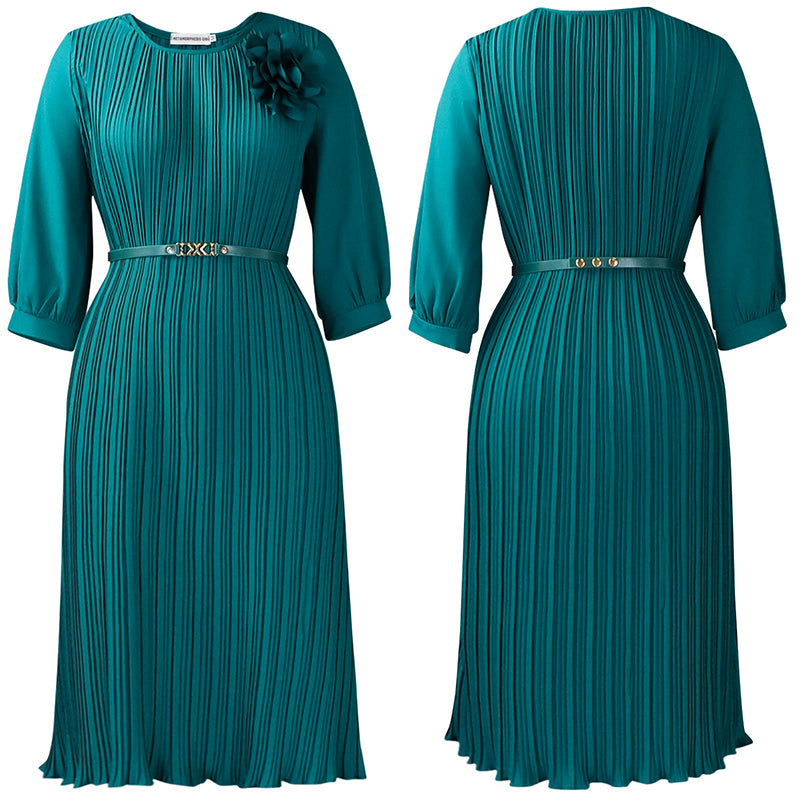 Leila | Plissee Midikleid Mit 3/4-Ärmeln Und Gürtel