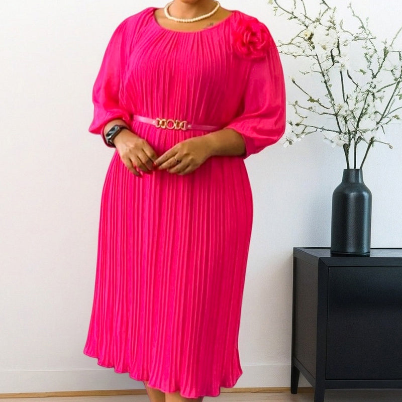 Leila | Plissee Midikleid Mit 3/4-Ärmeln Und Gürtel